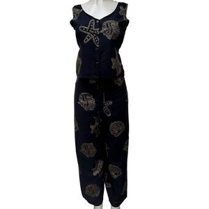 Rima Beachwear 2 Piece Wrap Pants Set Medium Black & Gold Sea Shells Print Cute